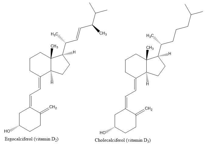 Chemical structures of vitamin D2 and D3.